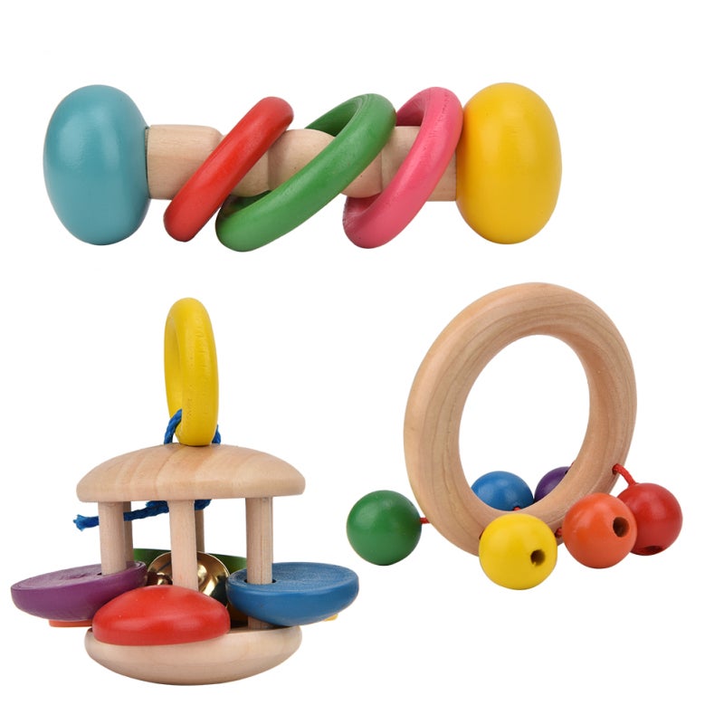 Wooden Baby Rattles 3 Pack Non-Toxic Water Paint - Vibrant Colors Gentle Sound Sensory Development Toys for Infants - Image 4