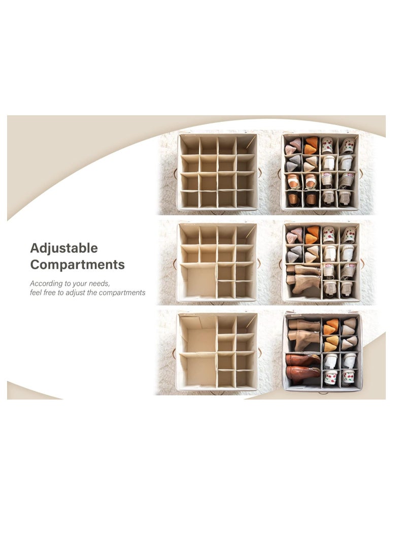 SOLARAE 1-Pack Shoe Organizer for Closet, Large Shoe Box Storage,  Fabric Shoe Storage Bins with Clear Cover, Adjustable Dividers for Shoe Storage, Fits 16 Pairs, Beige - Image 4