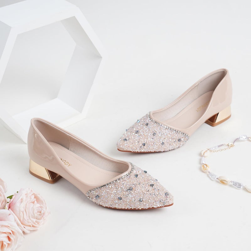 QXCXINGDY Apricot Women's Wedding Pumps Rhinestones Sequins Chunky Low Block Heels Pumps Dress Evening Shoes for Women Bridal Size - 8-8.5 - Image 5