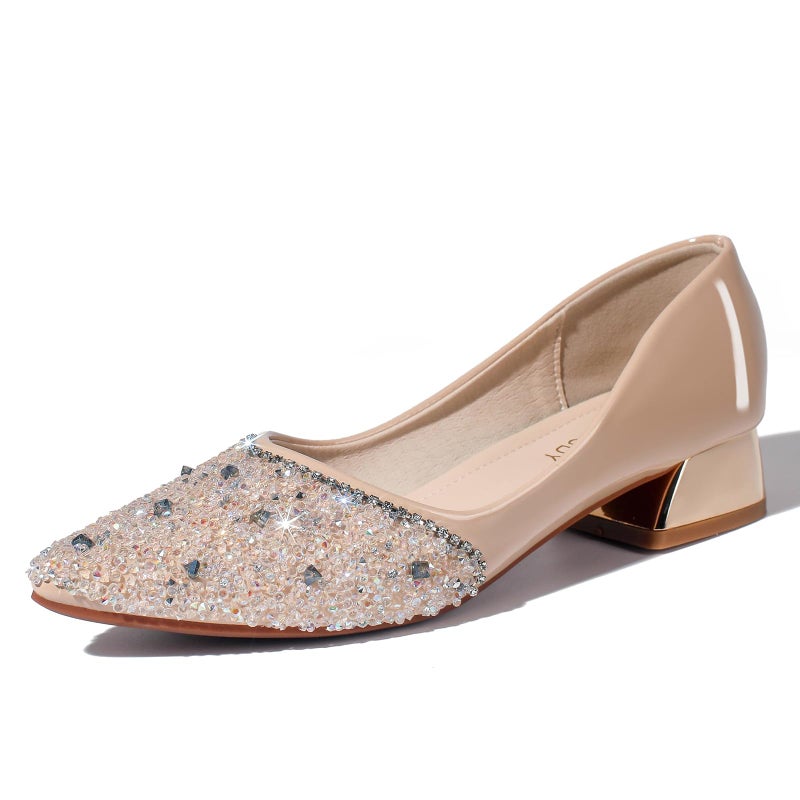 QXCXINGDY Apricot Women's Wedding Pumps Rhinestones Sequins Chunky Low Block Heels Pumps Dress Evening Shoes for Women Bridal Size - 8-8.5 - Image 1