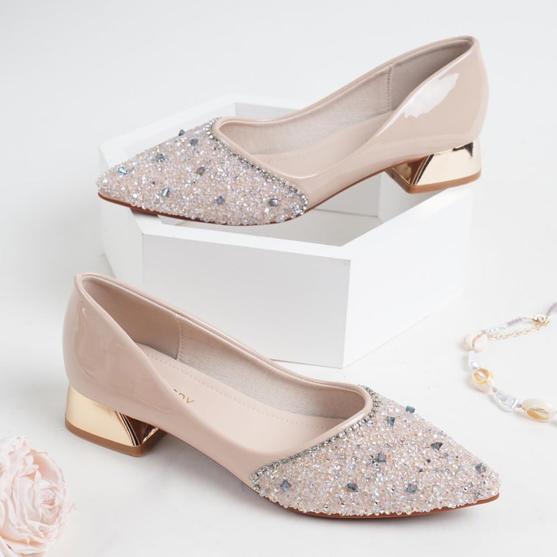 QXCXINGDY Apricot Women's Wedding Pumps Rhinestones Sequins Chunky Low Block Heels Pumps Dress Evening Shoes for Women Bridal Size - 8-8.5 - Image 3