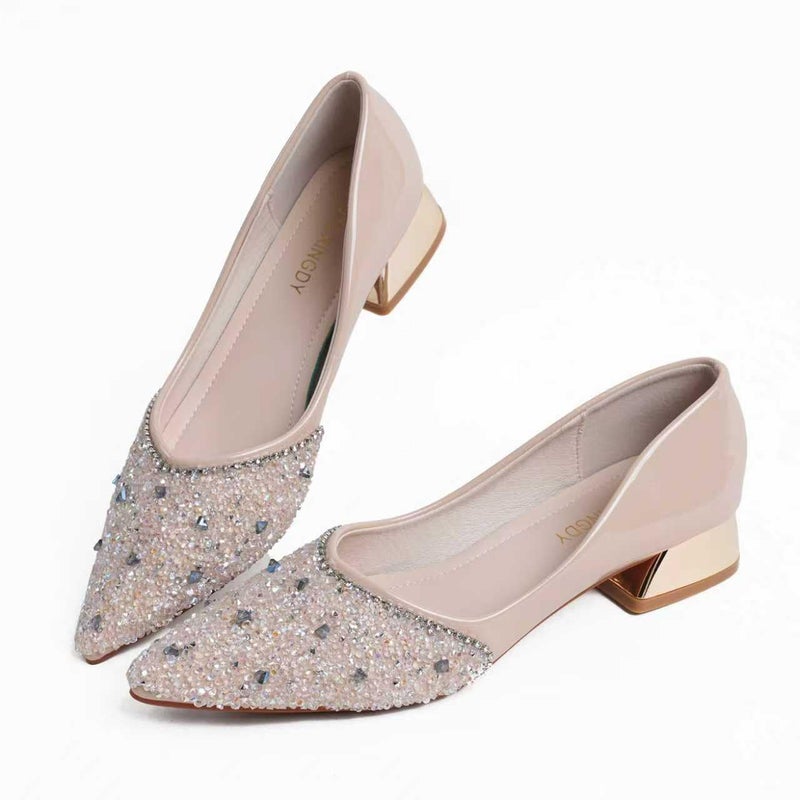 QXCXINGDY Apricot Women's Wedding Pumps Rhinestones Sequins Chunky Low Block Heels Pumps Dress Evening Shoes for Women Bridal Size - 8-8.5 - Image 4