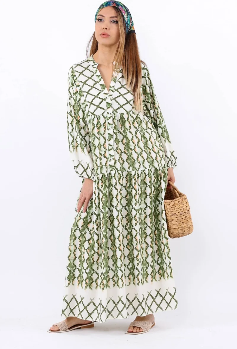 Ritnice Prive Women's Soft Green 100% Viscose Maxi Length Balloon Sleeve Long Summer Dress