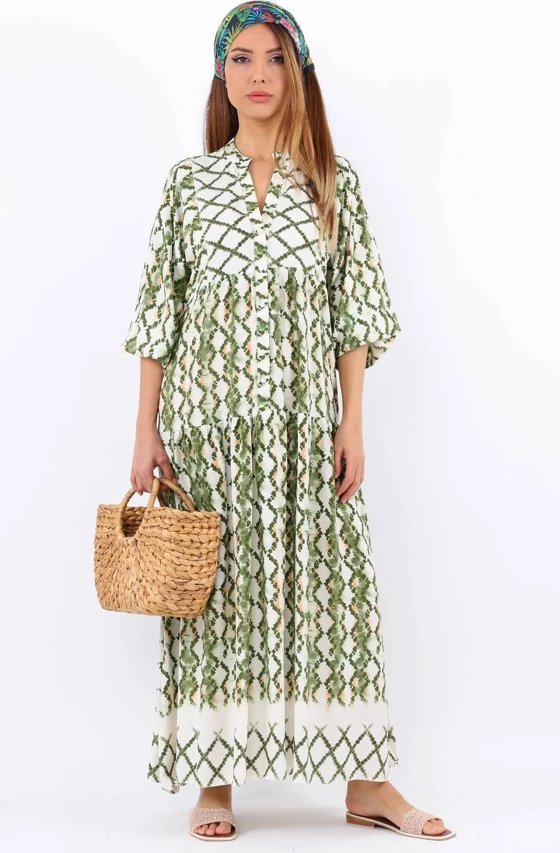 Ritnice Prive Women's Soft Green 100% Viscose Maxi Length Balloon Sleeve Long Summer Dress