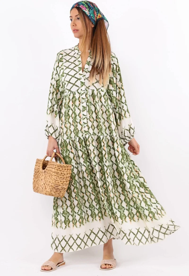 Ritnice Prive Women's Soft Green 100% Viscose Maxi Length Balloon Sleeve Long Summer Dress