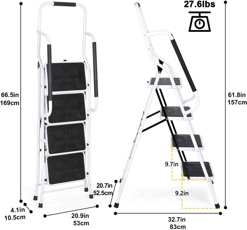 WiberWi 4 Step Ladder with Handrails 500 lb Capacity Step Stool Folding Portable Ladders for Home Kitchen Steel Frame with Non-Slip Wide Pedal Stepladder with Attachable Tool Bag White - Image 3