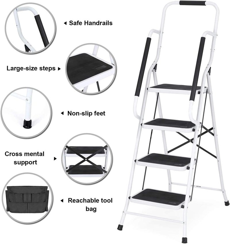 WiberWi 4 Step Ladder with Handrails 500 lb Capacity Step Stool Folding Portable Ladders for Home Kitchen Steel Frame with Non-Slip Wide Pedal Stepladder with Attachable Tool Bag White - Image 4