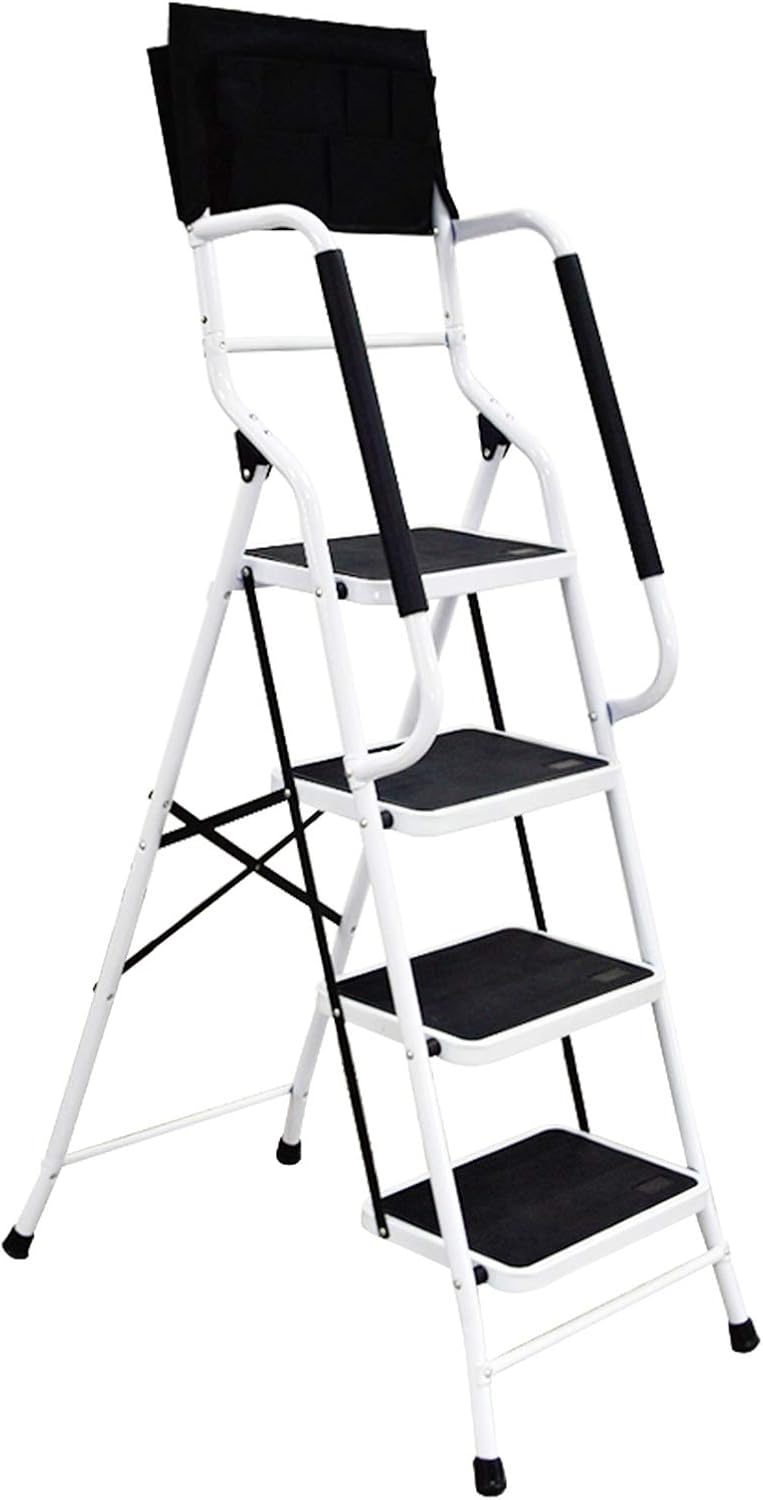 WiberWi 4 Step Ladder with Handrails 500 lb Capacity Step Stool Folding Portable Ladders for Home Kitchen Steel Frame with Non-Slip Wide Pedal Stepladder with Attachable Tool Bag White - Image 1