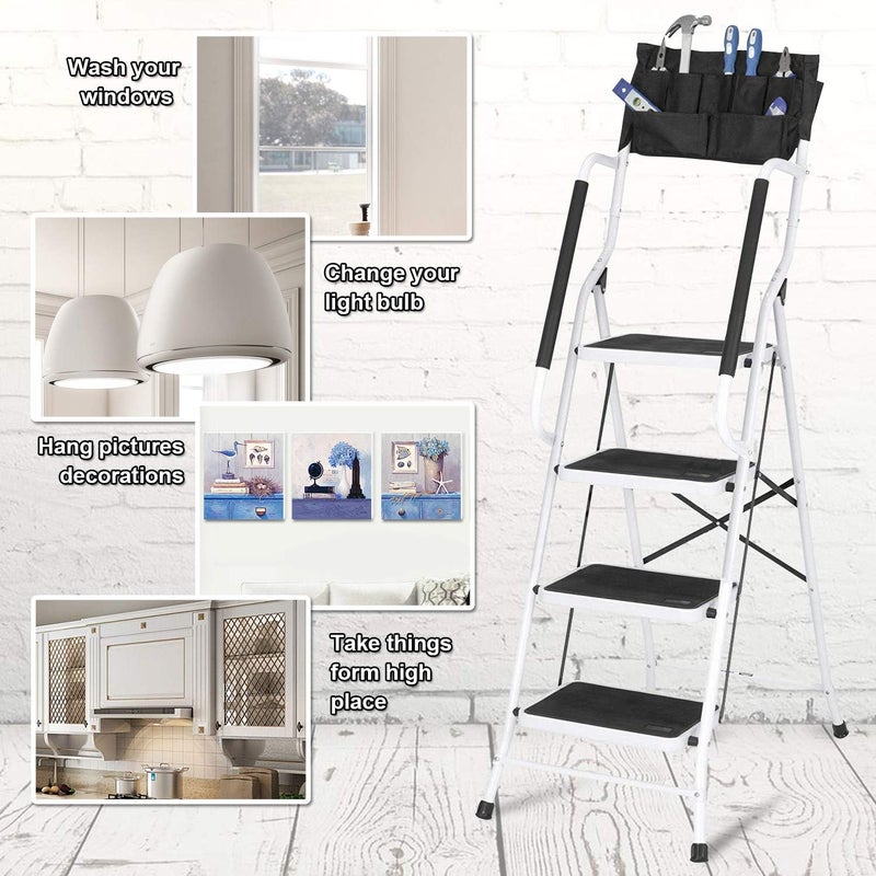 WiberWi 4 Step Ladder with Handrails 500 lb Capacity Step Stool Folding Portable Ladders for Home Kitchen Steel Frame with Non-Slip Wide Pedal Stepladder with Attachable Tool Bag White - Image 5