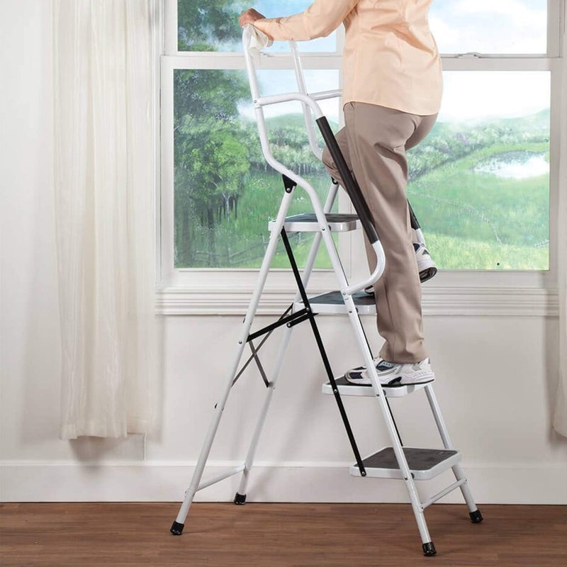 WiberWi 4 Step Ladder with Handrails 500 lb Capacity Step Stool Folding Portable Ladders for Home Kitchen Steel Frame with Non-Slip Wide Pedal Stepladder with Attachable Tool Bag White - Image 2
