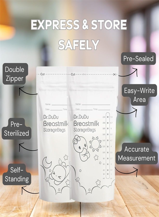Dr.DuDu Breastmilk Storage Bags, 50 count, 220 ml NEW Transparent Breast milk Storage Bags with Double Zipper, Self Standing, Leak proof, Pre-sealed - Image 3