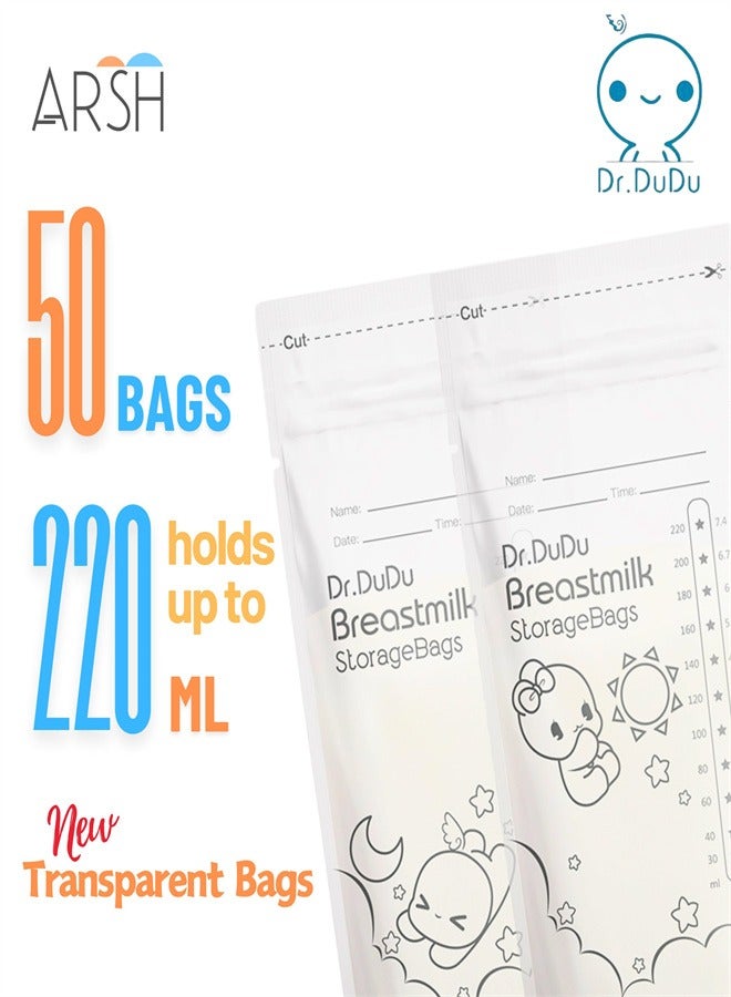 Dr.DuDu Breastmilk Storage Bags, 50 count, 220 ml NEW Transparent Breast milk Storage Bags with Double Zipper, Self Standing, Leak proof, Pre-sealed - Image 2