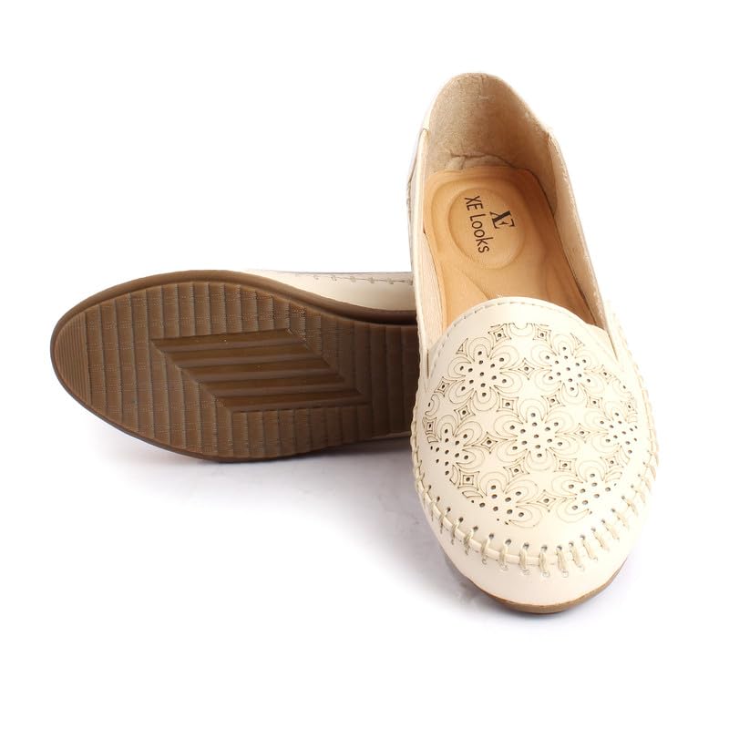 XE Looks Women's Cream Laser Cut Floral Slip-On Loafers | Trendy and Stylish | Soft Faux Leather with Elastic Band for Easy Wear Loafers For Girls & Women UK-8 - Image 5