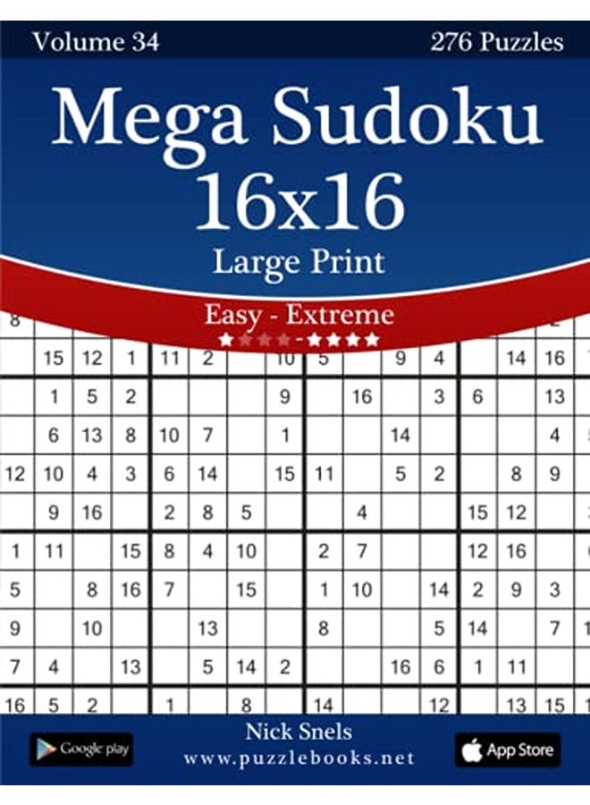 ميغا سودوكو 16x16 طباعة كبيرة - سهل إلى متطرف - المجلد 34 - 276 لغز