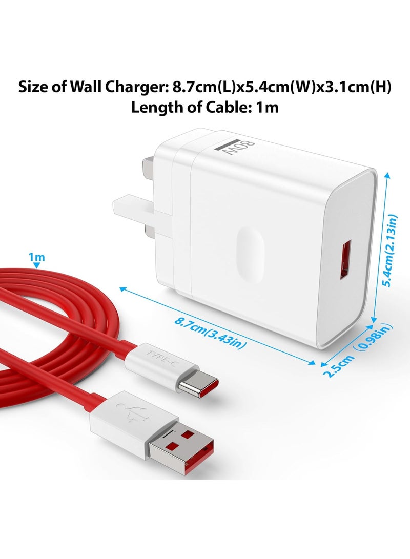 شاحن سوبر فوك 80 واط [11 فولت/7.3 أمبير] لهواتف OnePlus 15 14 13 12 12R 11 11Pro 10 10Pro، شاحن وورب لهواتف 9Pro 9R 9 8T مع كابل شحن USB A-to-C بطول 1 متر - Image 2