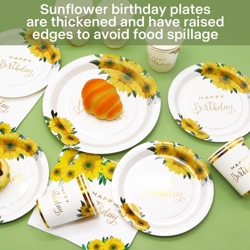 Gudvilla 168Pcs Sunflower Birthday Decorations for Women Girls  Happy Birthday Plates and Napkins for Women  Sunflower Plates Serve 24  Yellow Party  Spring Summer Fall Easter Mothers Day - Image 4