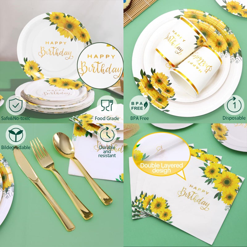 Gudvilla 168Pcs Sunflower Birthday Decorations for Women Girls  Happy Birthday Plates and Napkins for Women  Sunflower Plates Serve 24  Yellow Party  Spring Summer Fall Easter Mothers Day - Image 5