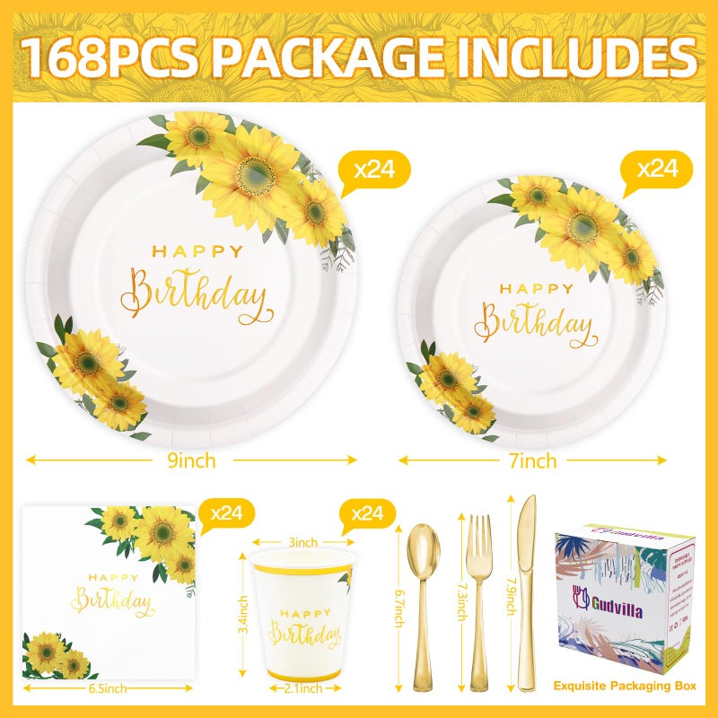 Gudvilla 168Pcs Sunflower Birthday Decorations for Women Girls  Happy Birthday Plates and Napkins for Women  Sunflower Plates Serve 24  Yellow Party  Spring Summer Fall Easter Mothers Day - Image 2