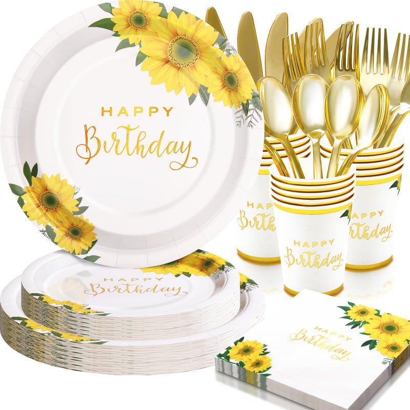 Gudvilla 168Pcs Sunflower Birthday Decorations for Women Girls  Happy Birthday Plates and Napkins for Women  Sunflower Plates Serve 24  Yellow Party  Spring Summer Fall Easter Mothers Day - Image 1