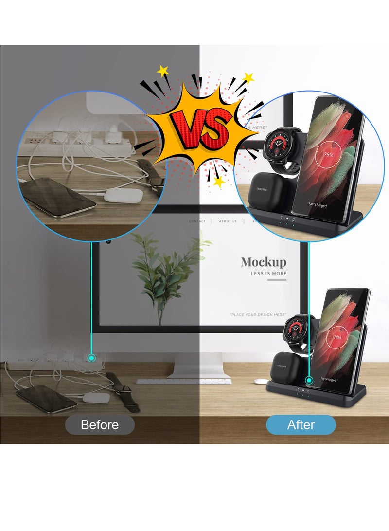 SOLARAE Wireless Charging Station for Samsung 3 in 1 Wireless Charger for Galaxy Watch 4/3/Active 2/1 Compatible with Samsung S22 Ultra S21 S20 Note20 Z Flip 4/3 Z Fold Galaxy Buds, Black - Image 2