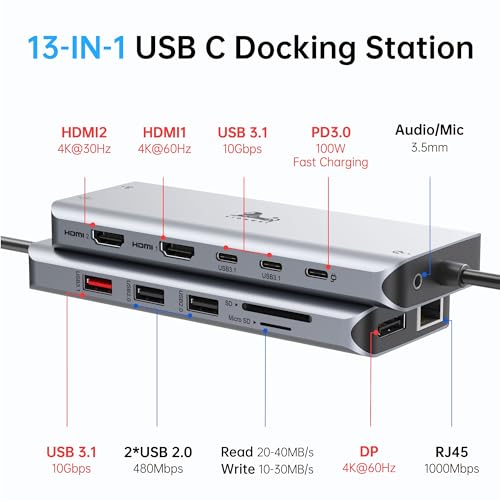 LIONWEI Laptop Docking Station 13 in 1 - Dual HDMI+DisplayPort+10Gbps, 6 USB C/A, 100W PD, Ethernet, SD/TF, Audio, USB C Hub for MacBook/Dell/HP/Surface - Image 2