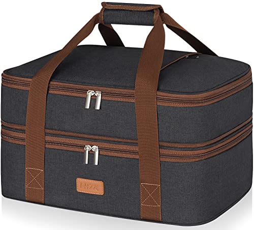 LHZK Double Decker Insulated Casserole Carrier for Hot or Cold Food, Expandable Hot Food Carrier, Lasagna Holder Tote for Potluck Parties, Picnic, Beach, Fits 11 x 15 or 9 x 13 Baking Dish (Black) - Image 1