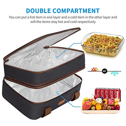 LHZK Double Decker Insulated Casserole Carrier for Hot or Cold Food, Expandable Hot Food Carrier, Lasagna Holder Tote for Potluck Parties, Picnic, Beach, Fits 11 x 15 or 9 x 13 Baking Dish (Black) - Image 4