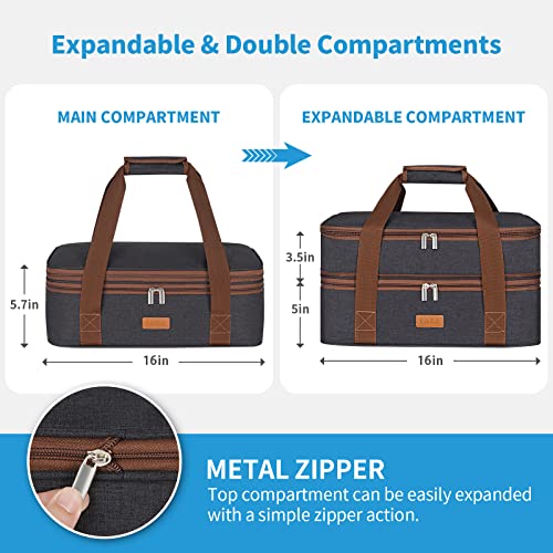 LHZK Double Decker Insulated Casserole Carrier for Hot or Cold Food, Expandable Hot Food Carrier, Lasagna Holder Tote for Potluck Parties, Picnic, Beach, Fits 11 x 15 or 9 x 13 Baking Dish (Black) - Image 3