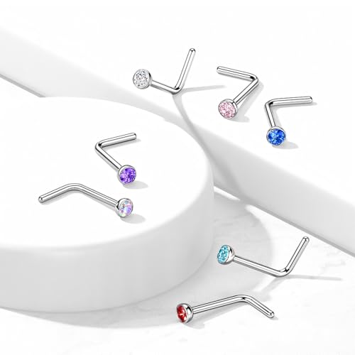 FIFTH CUE Solid Titanium Nose Ring - 18 Gauge 1mm - Nose Piercing Jewelry - L Bend 45 Degree Nose Stud - Length 1/4 Inch - 2.5mm CZ, 7 Colors, 2 Sizes (20ga or 18ga) - Image 4