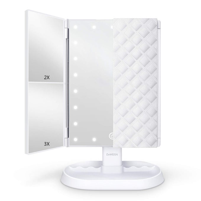 TRIFOLD LIGHTED VANITY MAKEUP MIRROR WITH 21 LEDS LIGHTS1X2X3X MAGNIFICATION AND TOUCH SCREEN DIMMINGTWO POWER SUPPLIES MAKEUP MIRROR GIFT FOR WOMEN