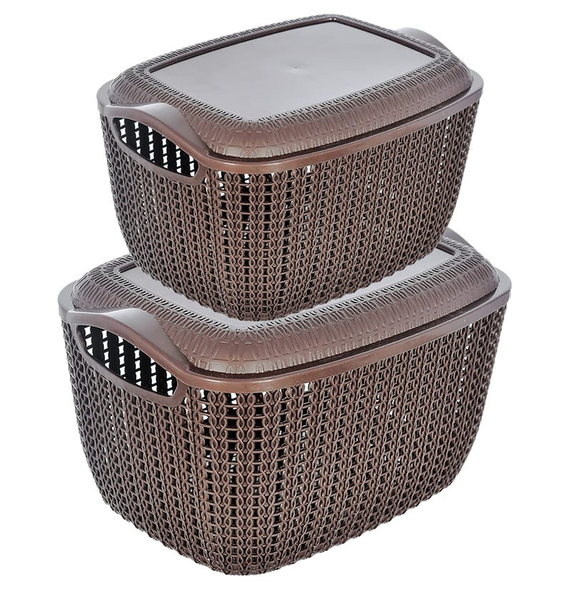 Kuber Industries Heart Home Multipurposes Large & Small M 30-25 Plastic Basket, Organizer For Kitchen, Countertops, Cabinets, Bathroom With Lids- Set of 2 (Brown) -46HH054  - Image 1