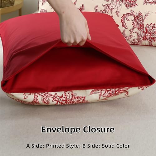 WINLIFE Ultra Soft Set of 2 Pillowcases Floral Printed 100% Cotton Pillow Cases Envelope Closure Queen 20x30'', Vintage Red Paisley - Image 3