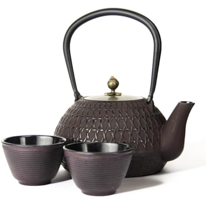 تيلاند غلاية شاي متينة مطلية بالمينا من الحديد الزهر مع غطاء ومنقوع أوراق الشاي السائبة باللون الأحمر والبني مع كوبين وسعة 14 لترًا - Image 1