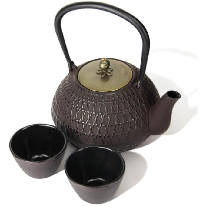 تيلاند غلاية شاي متينة مطلية بالمينا من الحديد الزهر مع غطاء ومنقوع أوراق الشاي السائبة باللون الأحمر والبني مع كوبين وسعة 14 لترًا - Image 5