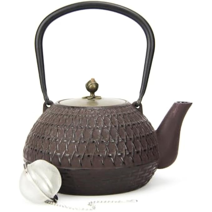 تيلاند غلاية شاي متينة مطلية بالمينا من الحديد الزهر مع غطاء ومنقوع أوراق الشاي السائبة باللون الأحمر والبني مع كوبين وسعة 14 لترًا - Image 2