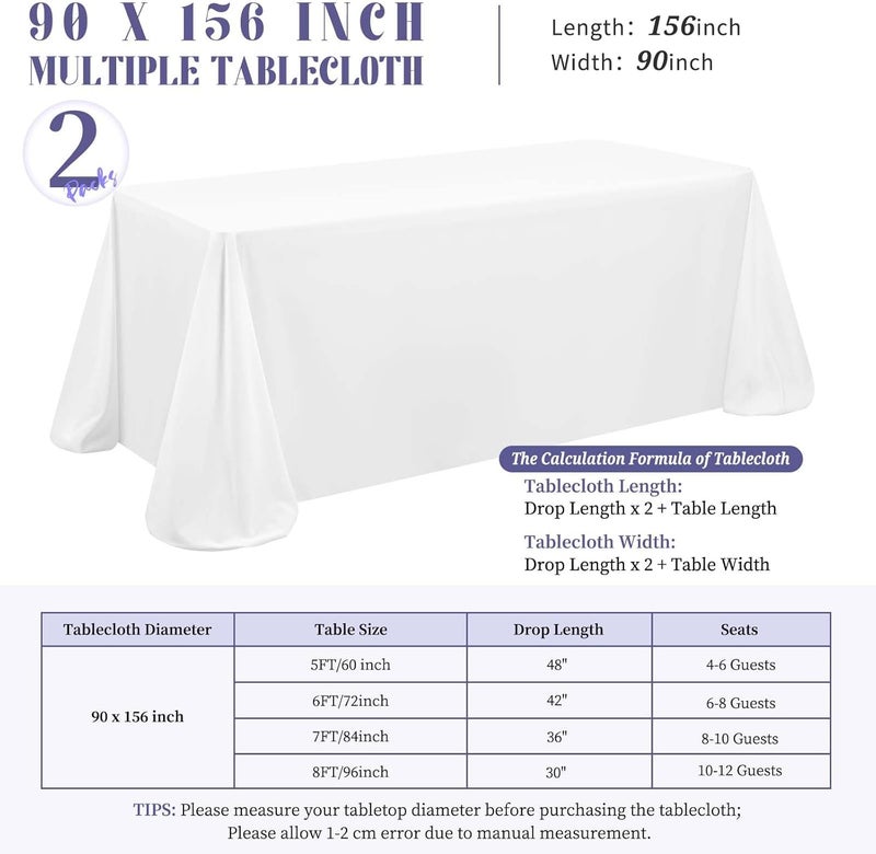 FXKS 2 Pack Rectangle Tablecloth 90 x 156 inch White Polyester Table Cloth for 8 Feet Tables,Washable Fabric Stain and Wrinkle Resistant Table Cover Table Clothes for Wedding Parties Banquet Kitchen - Image 2