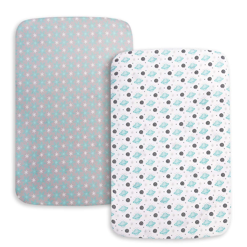 Moonsea Pack and Play Sheets, 2 Pack Mini Crib Sheets, Stretchy Playard Fitted Sheet, Compatible with Graco Pack n Play, Soft and Breathable Material, Planet & Flower - Image 5