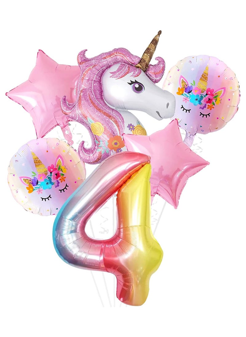 KATCHON - Pink Unicorn 4th Birthday Decoration Set Pack of 6 I Rainbow Number 4 Balloon I Star and Round Mylar Balloons - Image 1