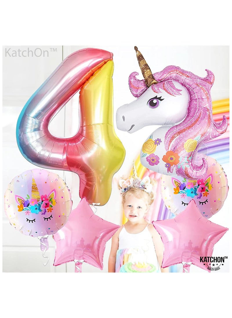 KATCHON - Pink Unicorn 4th Birthday Decoration Set Pack of 6 I Rainbow Number 4 Balloon I Star and Round Mylar Balloons - Image 1