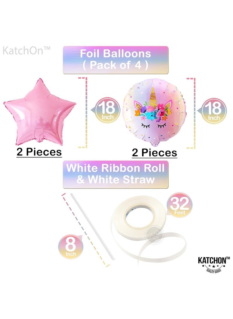 KATCHON - Pink Unicorn 4th Birthday Decoration Set Pack of 6 I Rainbow Number 4 Balloon I Star and Round Mylar Balloons - Image 1