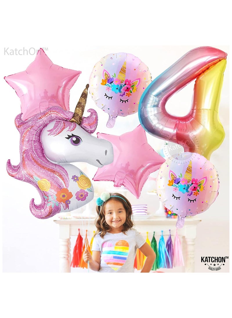 KATCHON - Pink Unicorn 4th Birthday Decoration Set Pack of 6 I Rainbow Number 4 Balloon I Star and Round Mylar Balloons - Image 1