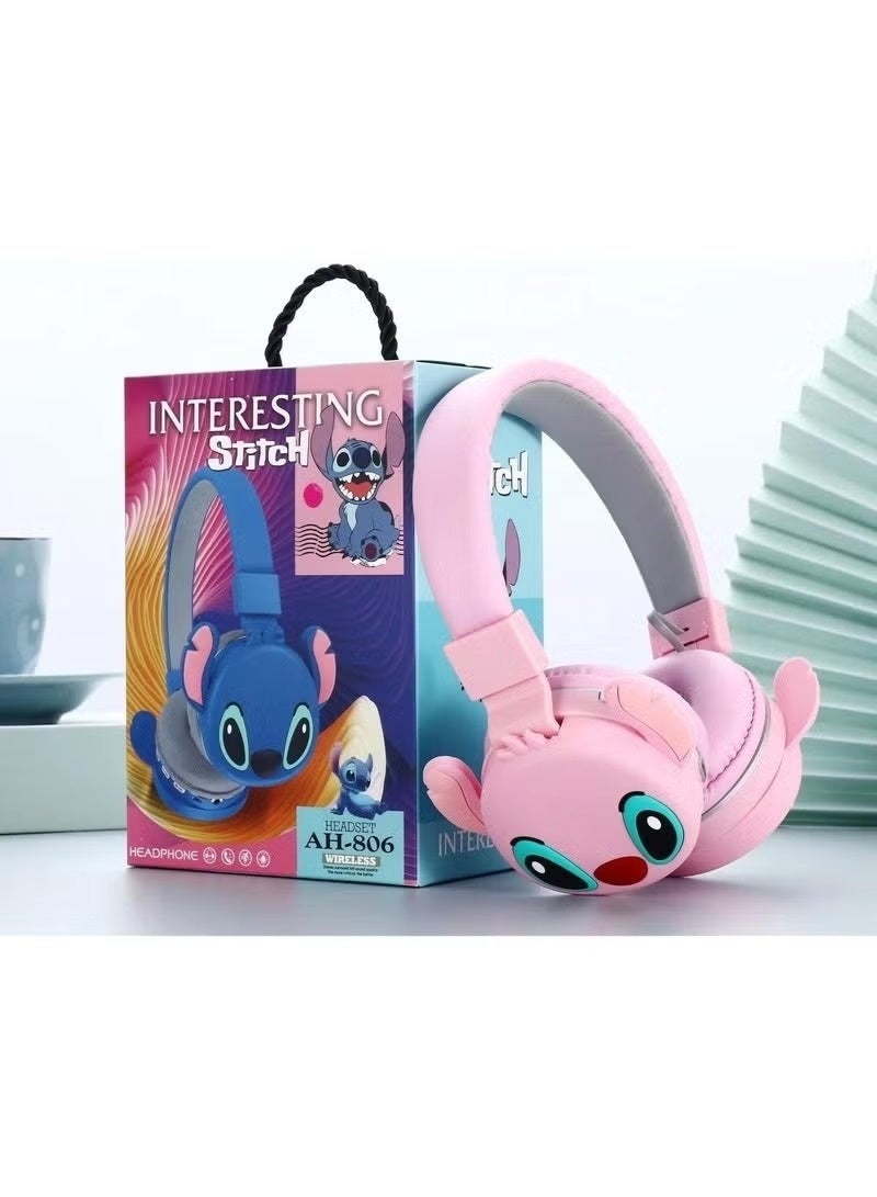 Kids Bluetooth Wireless Headphones with Mic, Cartoon Stitch Design, Foldable Over-Ear Headphones, Soft Cushions, HiFi Stereo Sound, Anime 3D Ears, AH-806 Blue, Perfect Gift for Kids Pink - Image 3