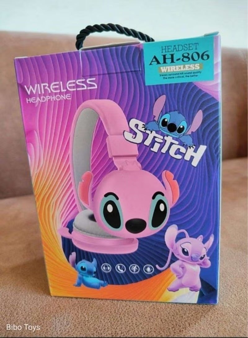 Kids Bluetooth Wireless Headphones with Mic, Cartoon Stitch Design, Foldable Over-Ear Headphones, Soft Cushions, HiFi Stereo Sound, Anime 3D Ears, AH-806 Blue, Perfect Gift for Kids Pink - Image 4