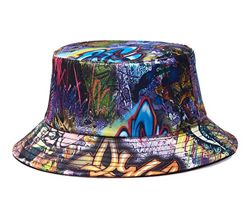 Quanhaigou Reversible Printed Bucket Hat,Summer Beach Outdoor Cap (Black Blue Graffiti) - Image 1