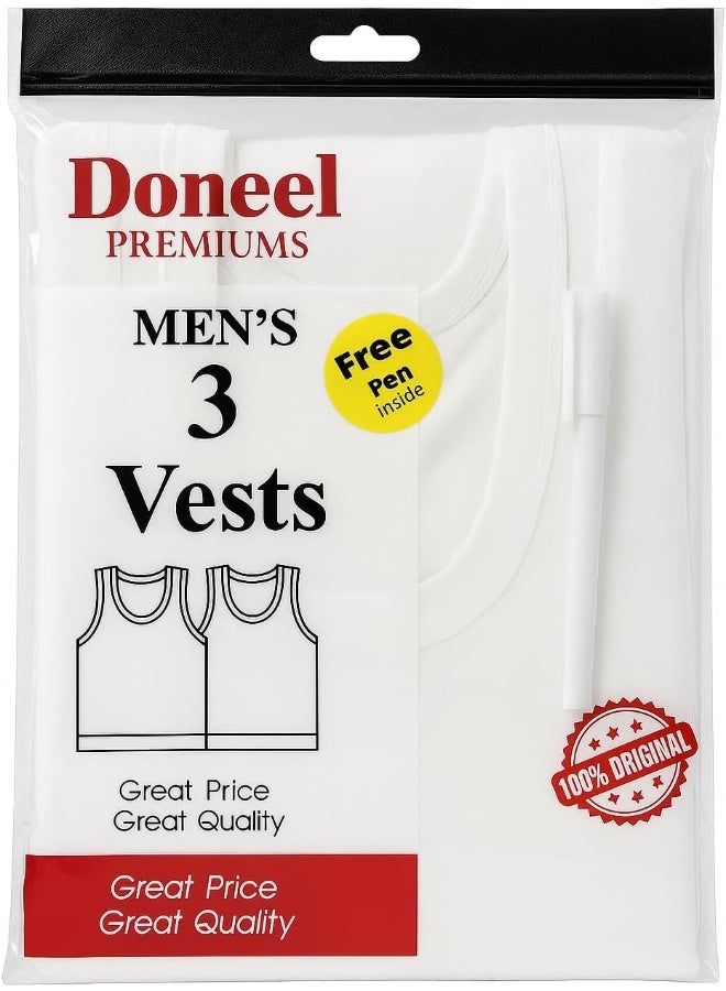 Doneel Premiums Men's White Vests, Pack of 3, with Free Pen