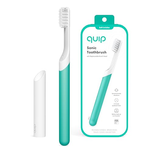 Quip Sonic Toothbrush for Adults - Timed Electric Toothbrush with Cover - Replaceable Brush Head, Soft Bristles, Plastic Handle, 3 Month Battery Life - Travel Toothbrush - Green - Image 1