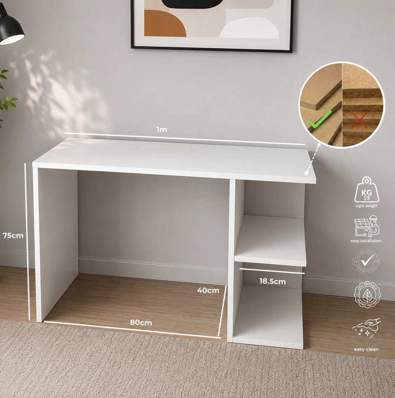 Studying White Desk staylish Computer for SmalLSpaces for Bedroom or Office | Side Storage Shelves, Space Saving - Image 2