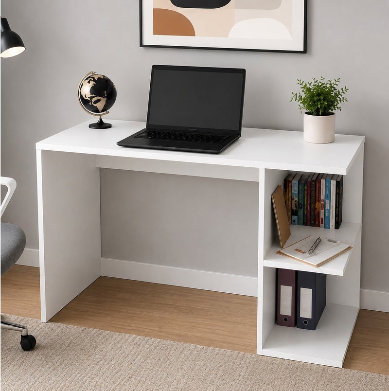 Studying White Desk staylish Computer for SmalLSpaces for Bedroom or Office | Side Storage Shelves, Space Saving - Image 1
