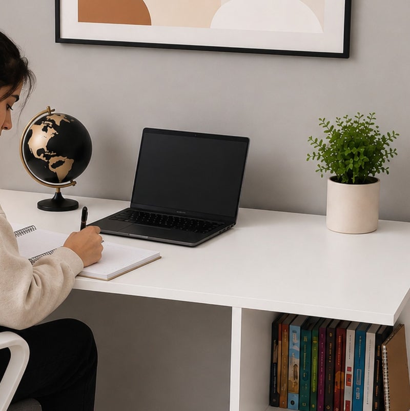 Studying White Desk staylish Computer for SmalLSpaces for Bedroom or Office | Side Storage Shelves, Space Saving - Image 3