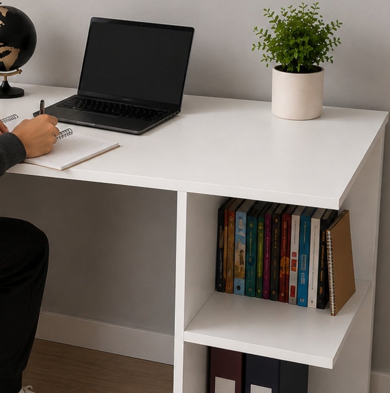 Studying White Desk staylish Computer for SmalLSpaces for Bedroom or Office | Side Storage Shelves, Space Saving - Image 4